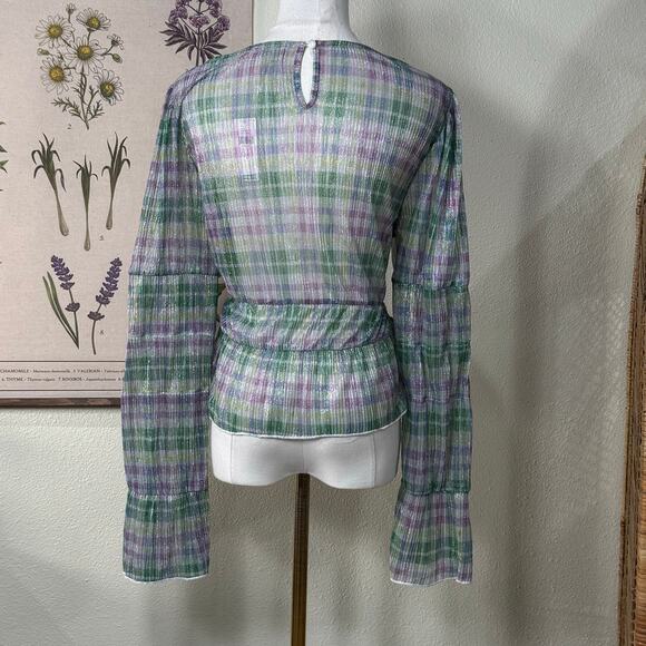 Anthropologie Porridge Sheer Plaid Metallic Top NWT Whimsy Twee Mod Retro L - Picture 3 of 8